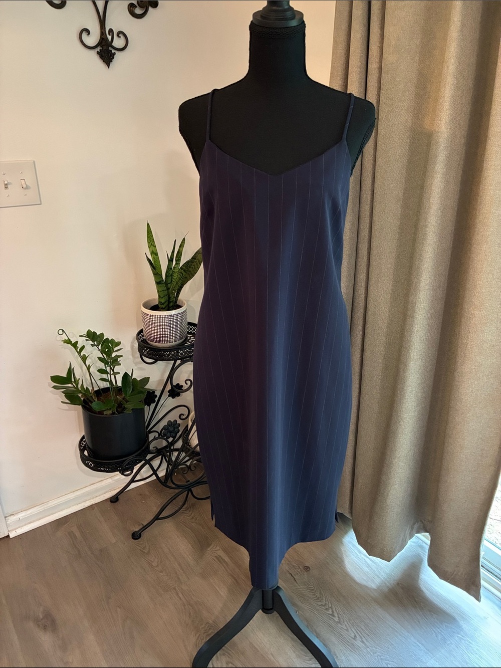 Mango Navy Pinstripe Slip Midi Dress